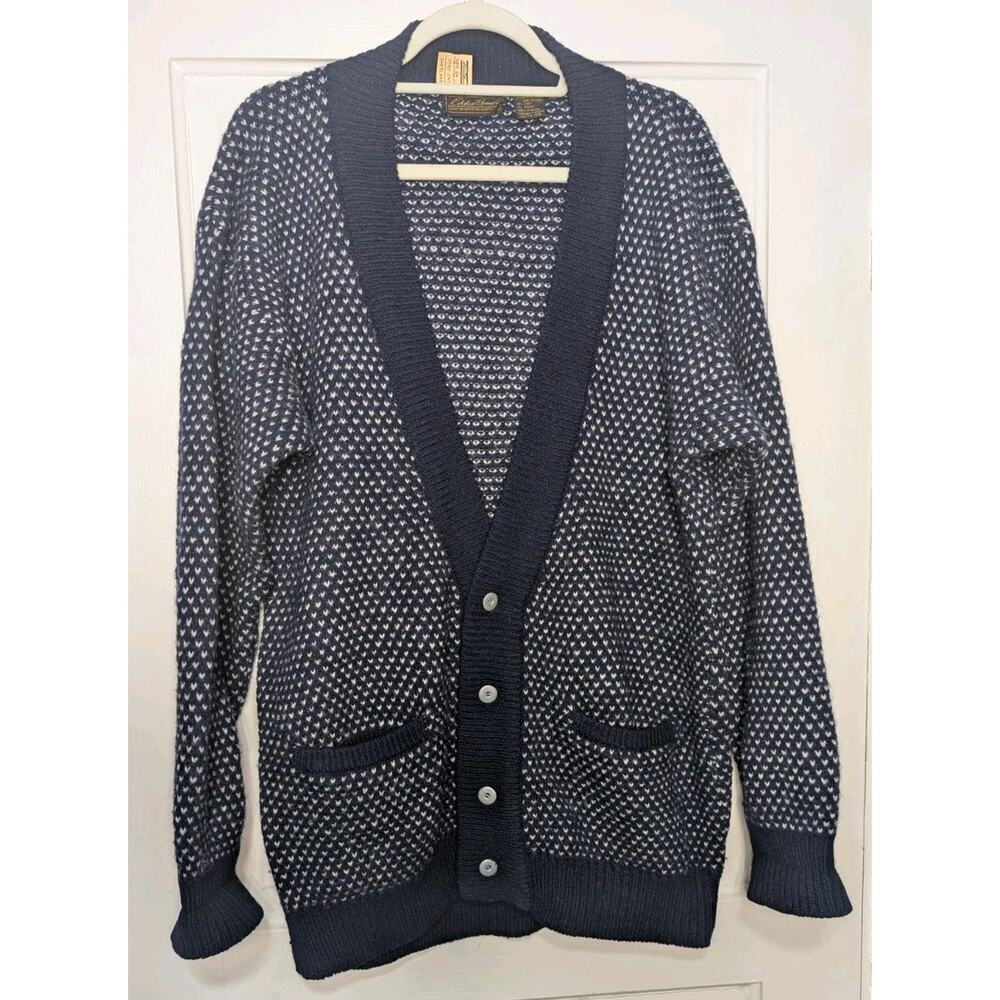 Vtg Eddie Bauer Mens L Wool Cardigan V Neck Sweater Birdseye Grandpa core (901)
